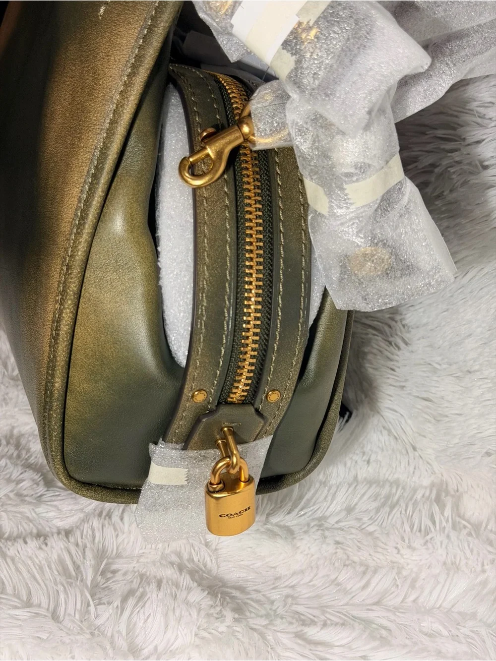 Coach Loved Leather Rogue 31 Bag Brass/Green Rub-off Soft Full Grain leather NWT